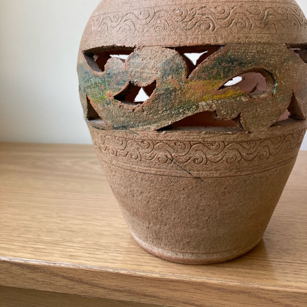studio pottery rustic carved vase vessel stoneware vintage bohemian boho brown - Picture 7 of 9
